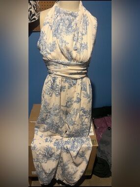 L&B Cream Jumpsuit with Blue Toile Print